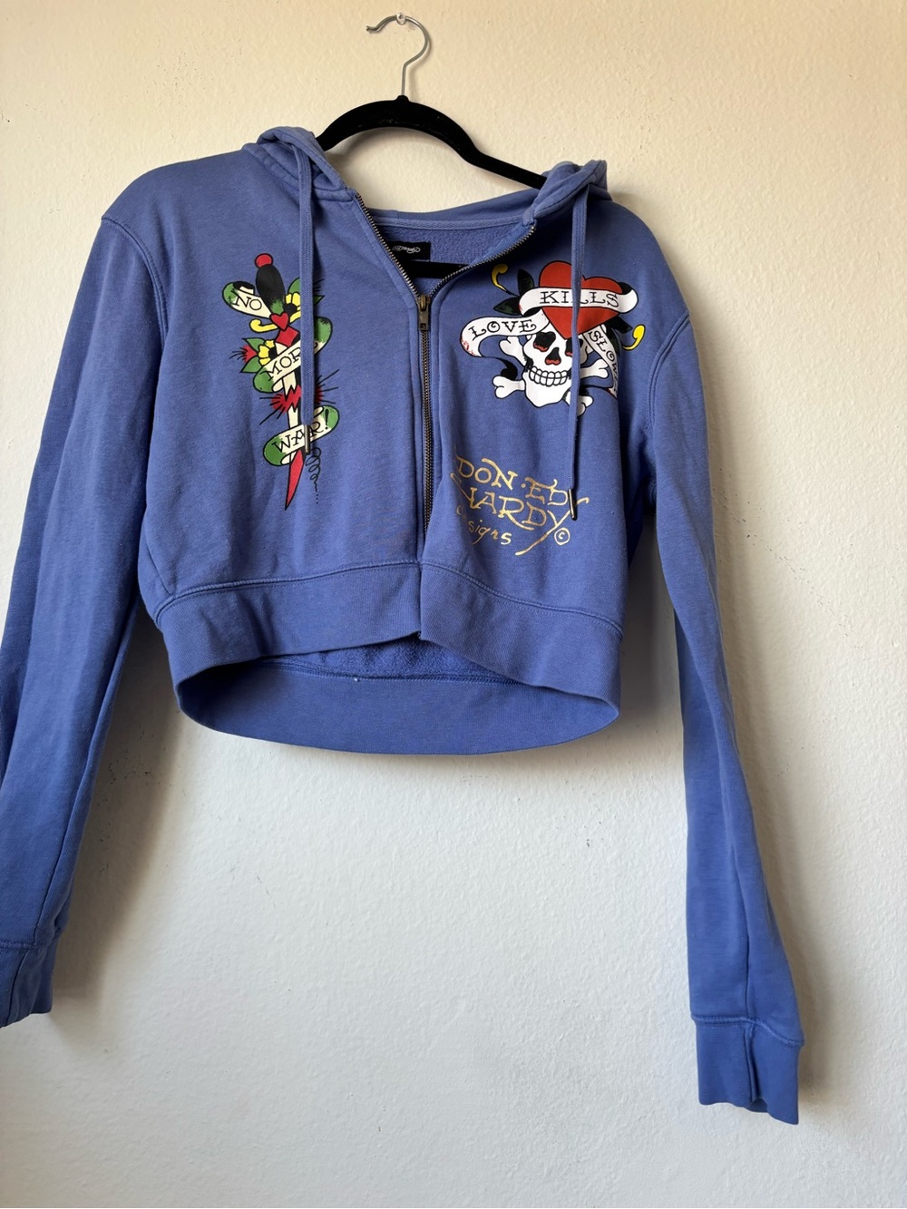 Ed Hardy blue cropped zip up hoodie with skull and crossbones graphic
